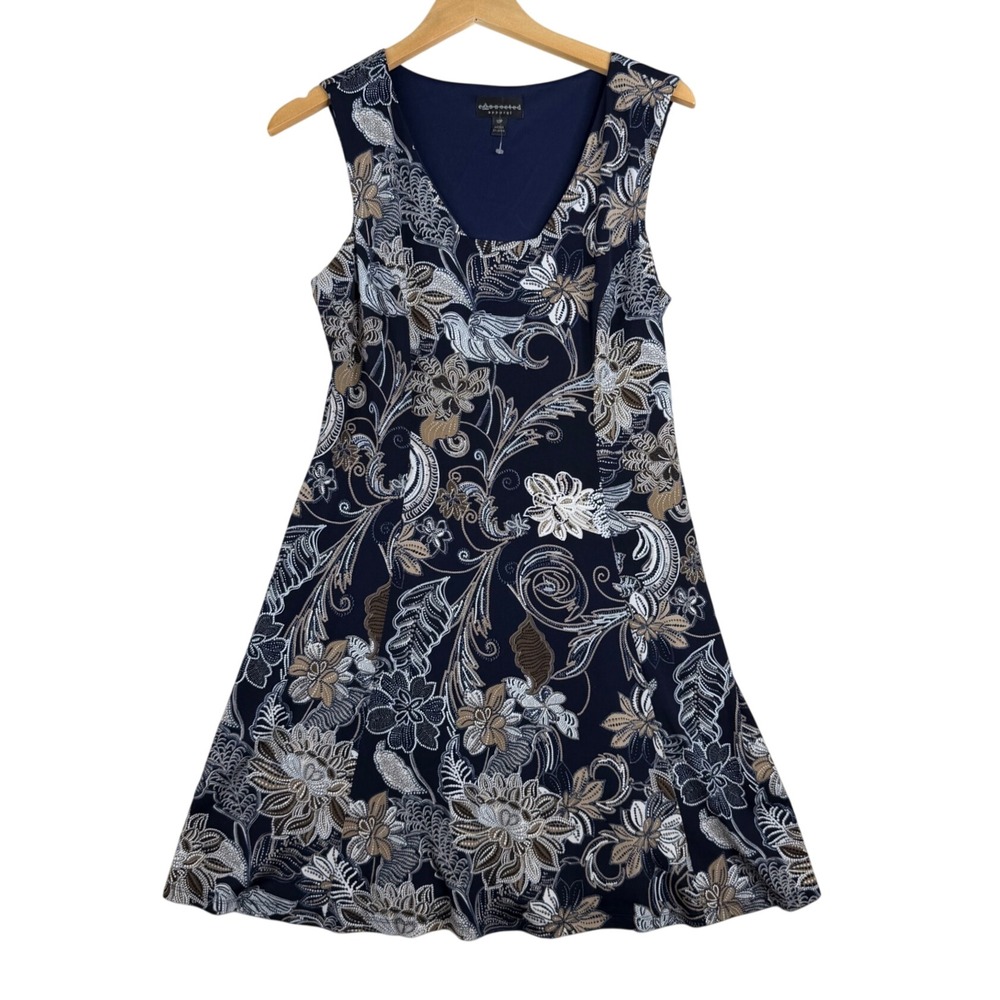Connected Apparel Sleeveless Floral A-line Dress size 10 Petite Blue/Gray/Tan